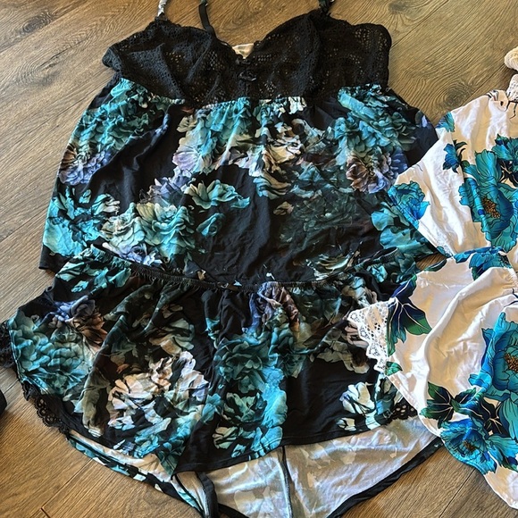 Cacique Floral Pajama Set - Black and Cream with Blue Accents - Picture 2 of 6